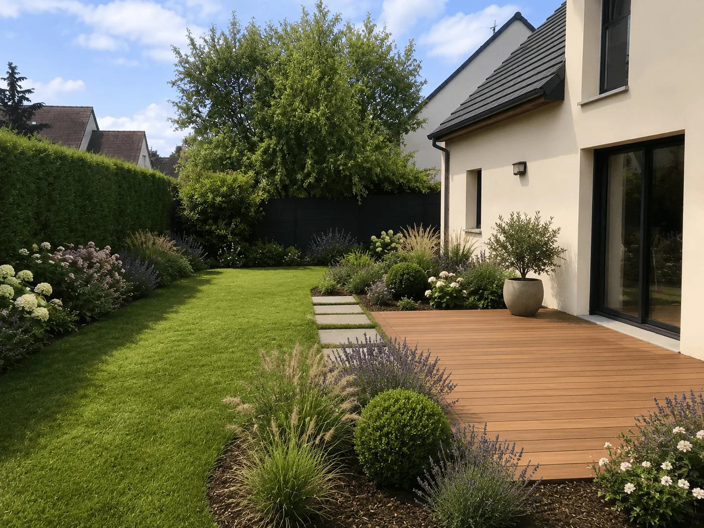 Terrasse bois et massifs après travaux